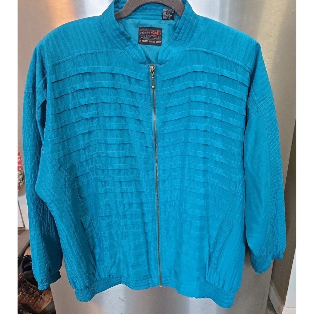 Mureli Womens L Teal‎ Full Zip Bomber Jacket 100% Silk Shoulder Pads 90s Pleated